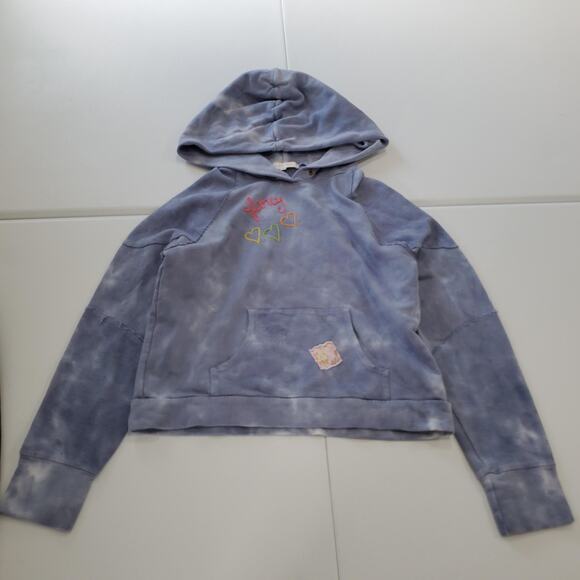 LoveShackFancy Hoodie Womens Medium Blue Tie Dye Embroidered Hearts Pullover - Picture 1 of 8